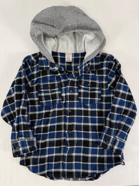 Gymboree Size Small 3/4 Boys Blue shirt Jacket Top flannel plaid w/ Hood